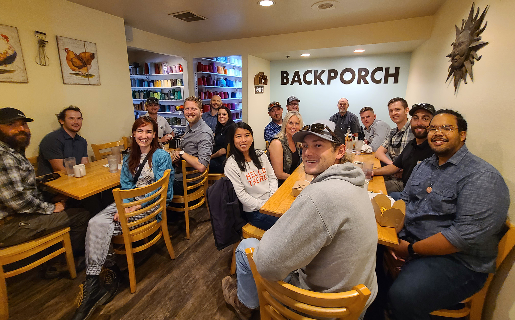 Group of employees eating breakfast